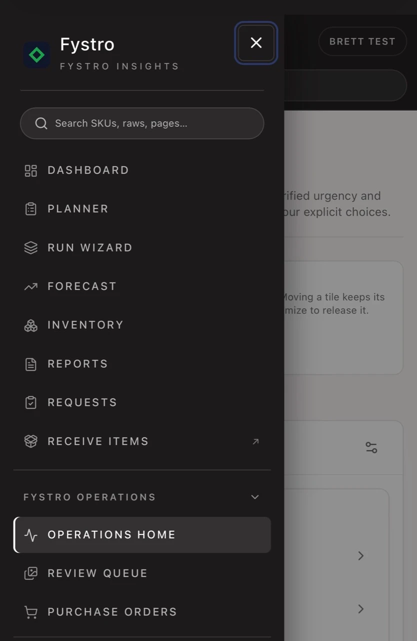 Fystro navigation connecting Insights, planning, forecasting, inventory, and Operations