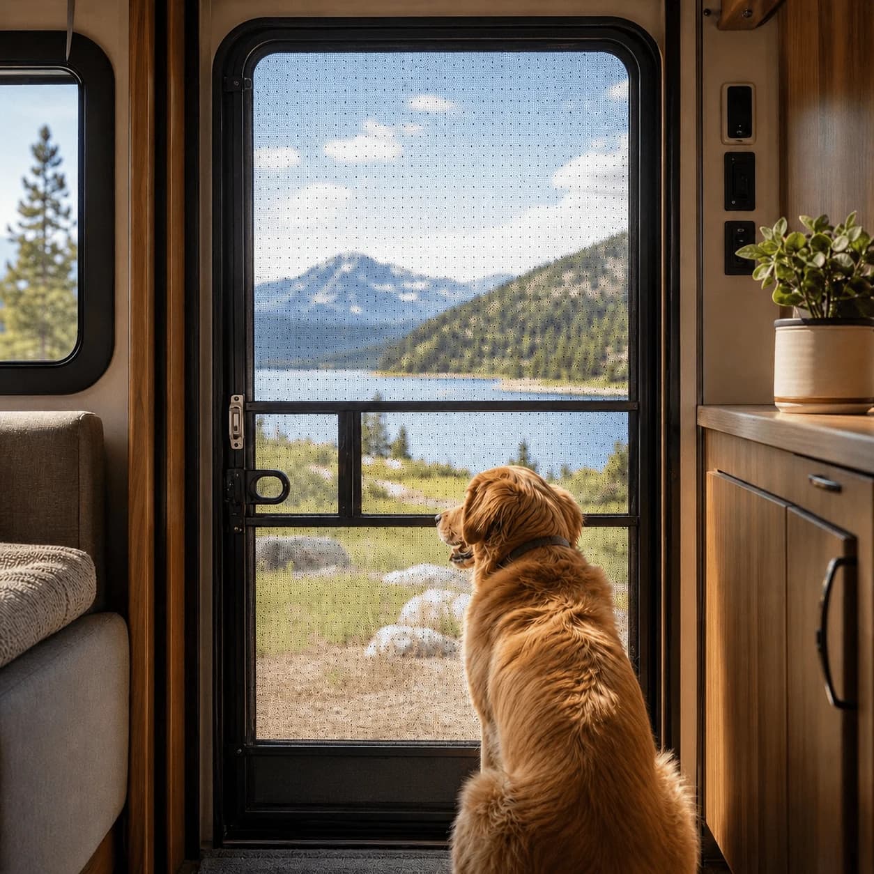 Sturdy Screens published RV doorway image with a dog looking through the screen toward a lake