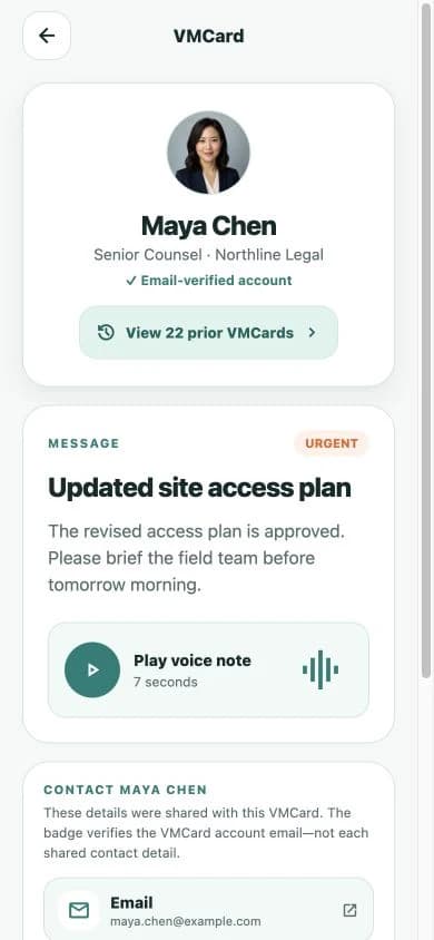 VMCard demo recipient screen with sender identity, message context, voice playback, and contact actions