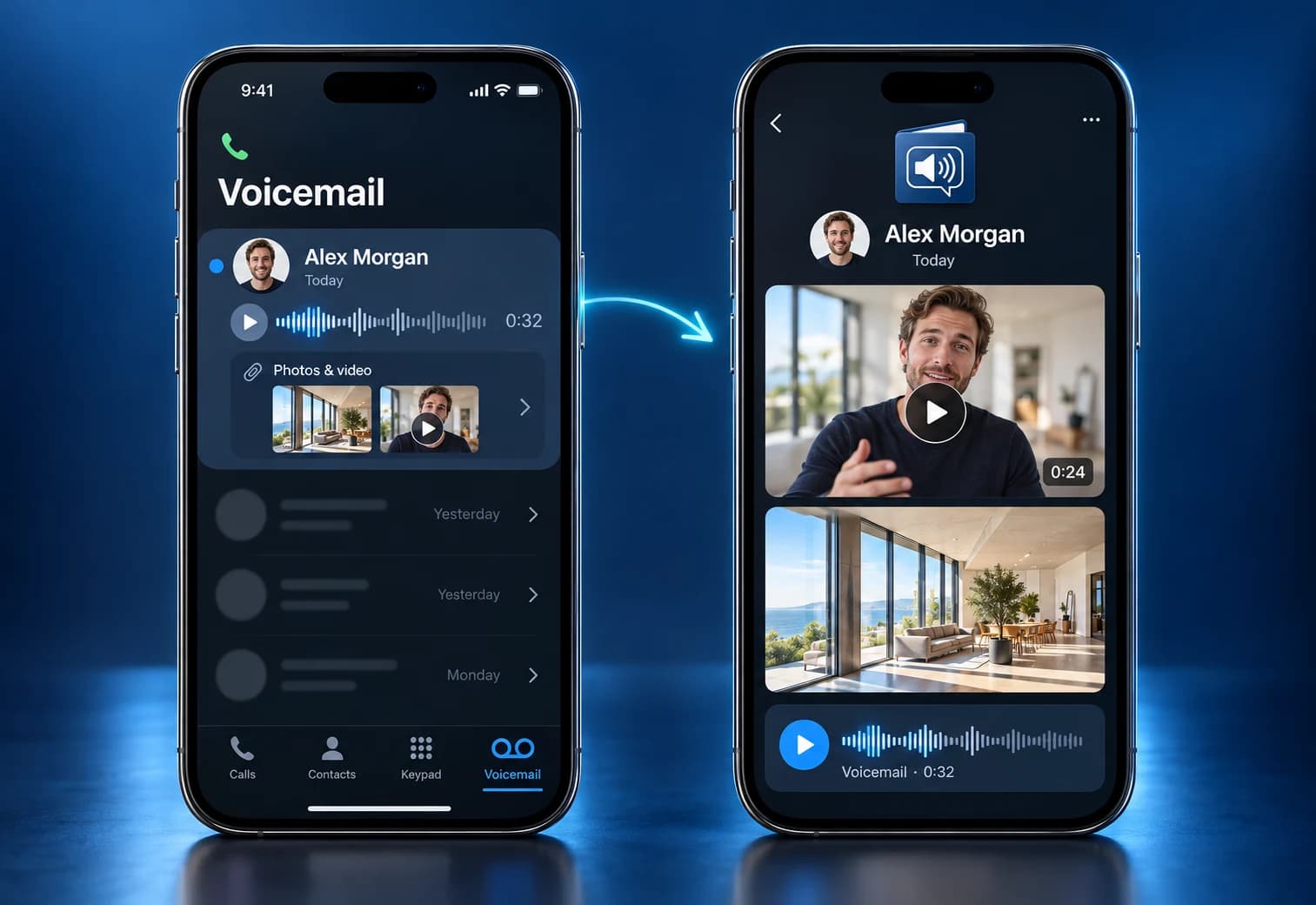 VMCard product concept showing a phone voicemail inbox connected to a message with photo and video attachments