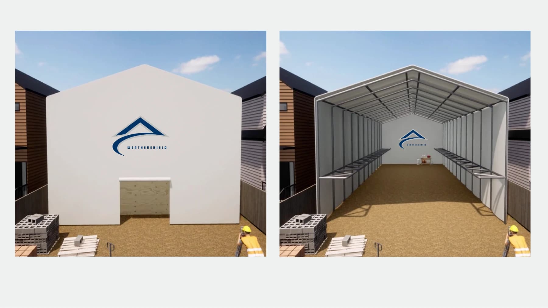 WeatherShield brand concepts showing the exterior and interior of a modular weather enclosure